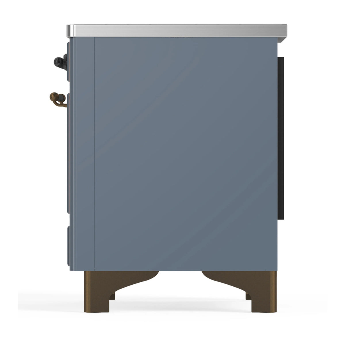 Blue-grey induction range rear view with side handles and lower legs