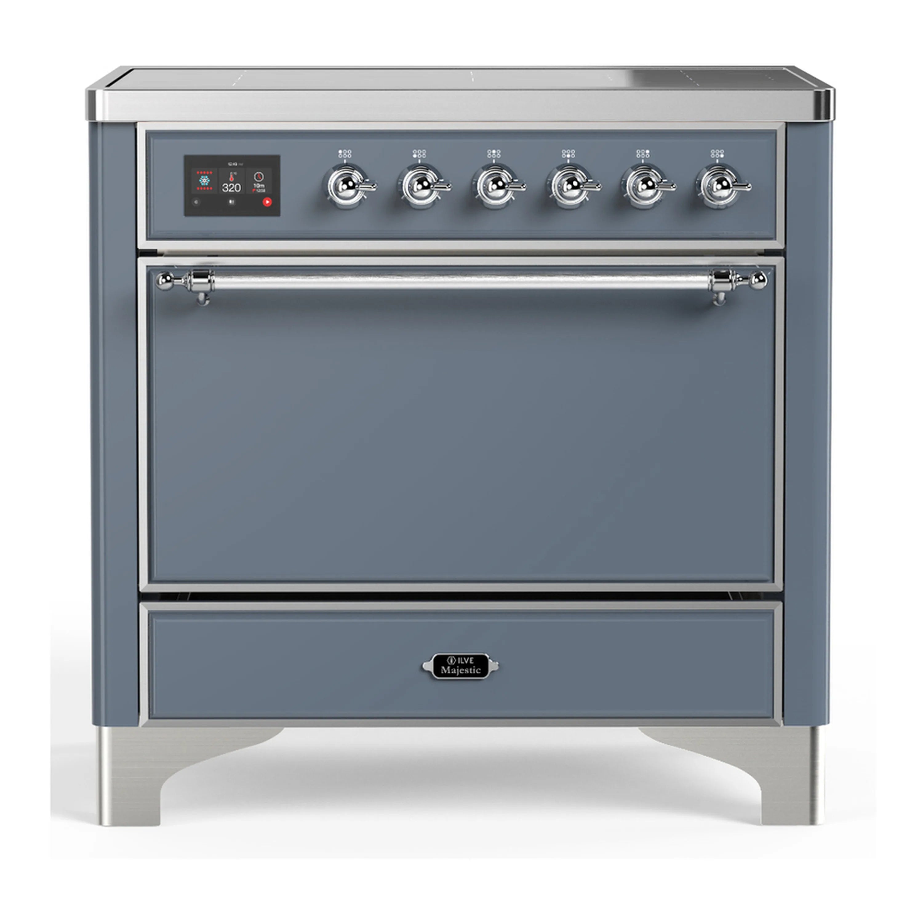 Blue grey induction range with 6 knobs, chrome trim, and solid electric oven door