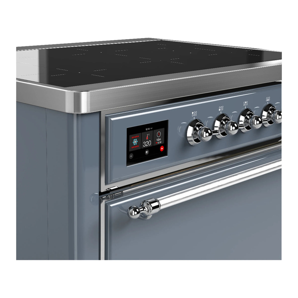 Induction range control panel with digital display and 6 chrome control knobs