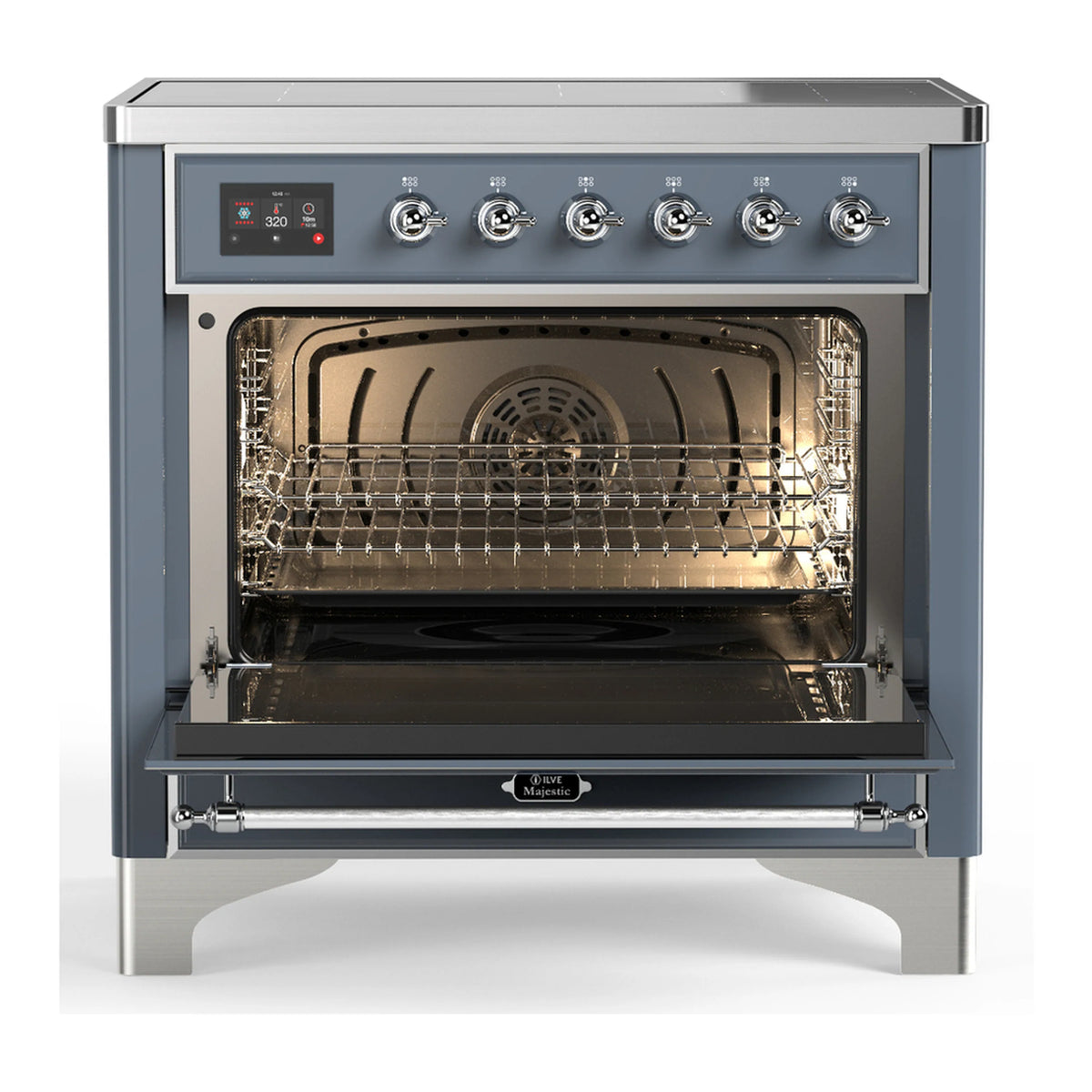 Blue grey electric oven range with open door showing wire racks and interior