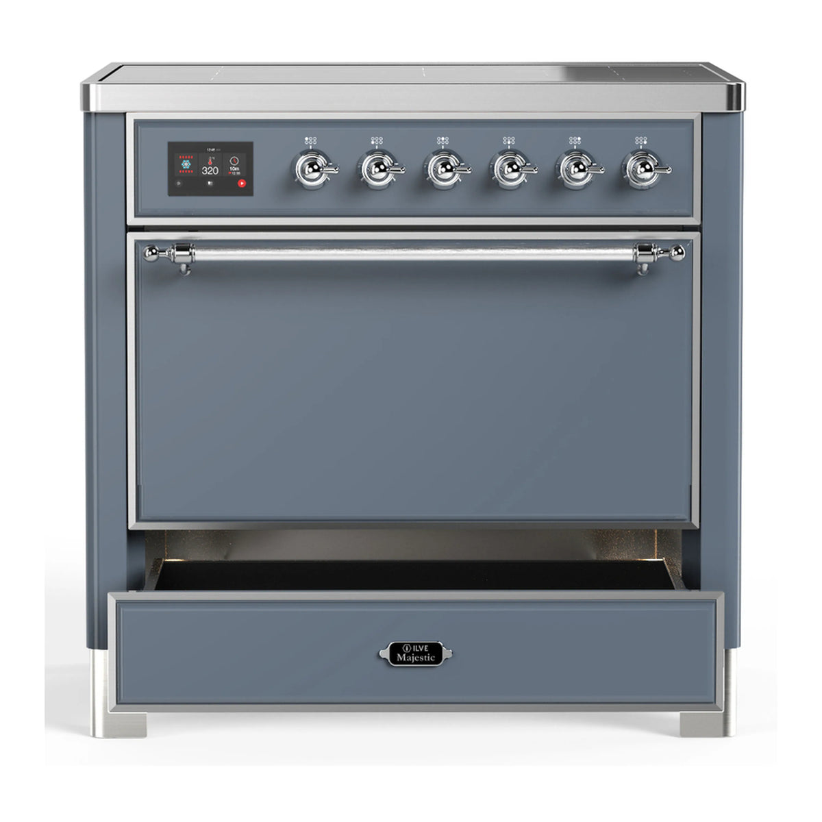 Blue grey induction range with 6 knob cooktop, chrome trim, and drawer below oven