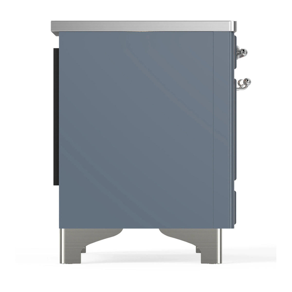 Blue grey induction range side panel with chrome handle and trim