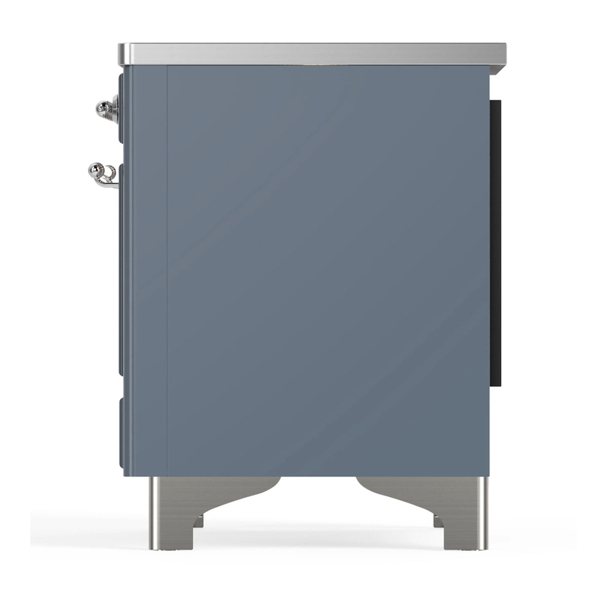 Blue grey induction range rear side view with chrome trim and mounting details