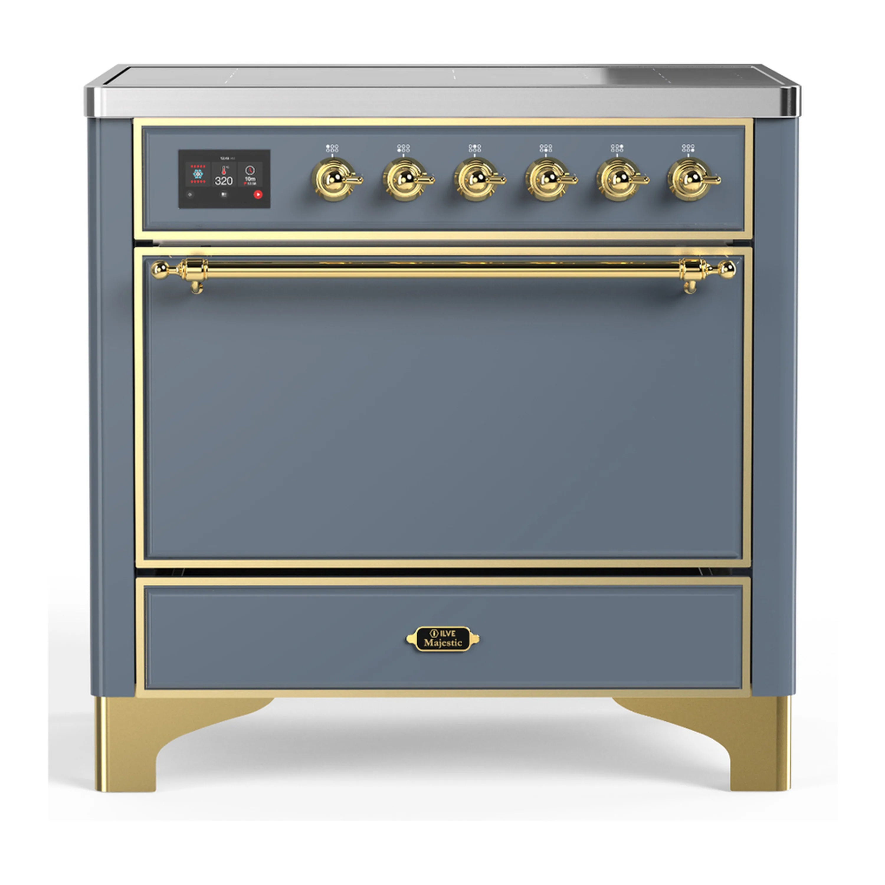 Blue grey induction range with brass trim, six gold control knobs and closed oven door