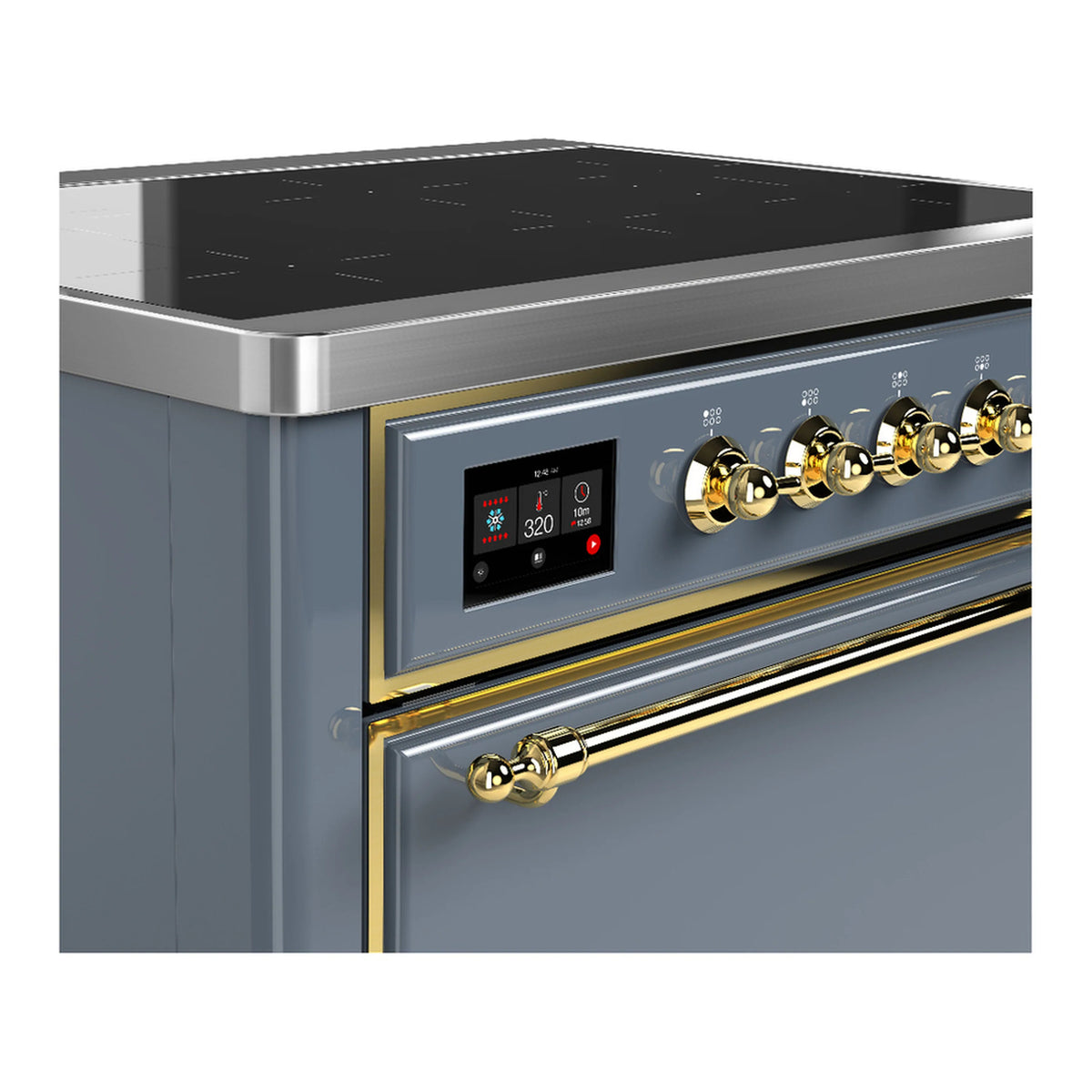 Blue grey range control panel with digital display and six gold induction knobs