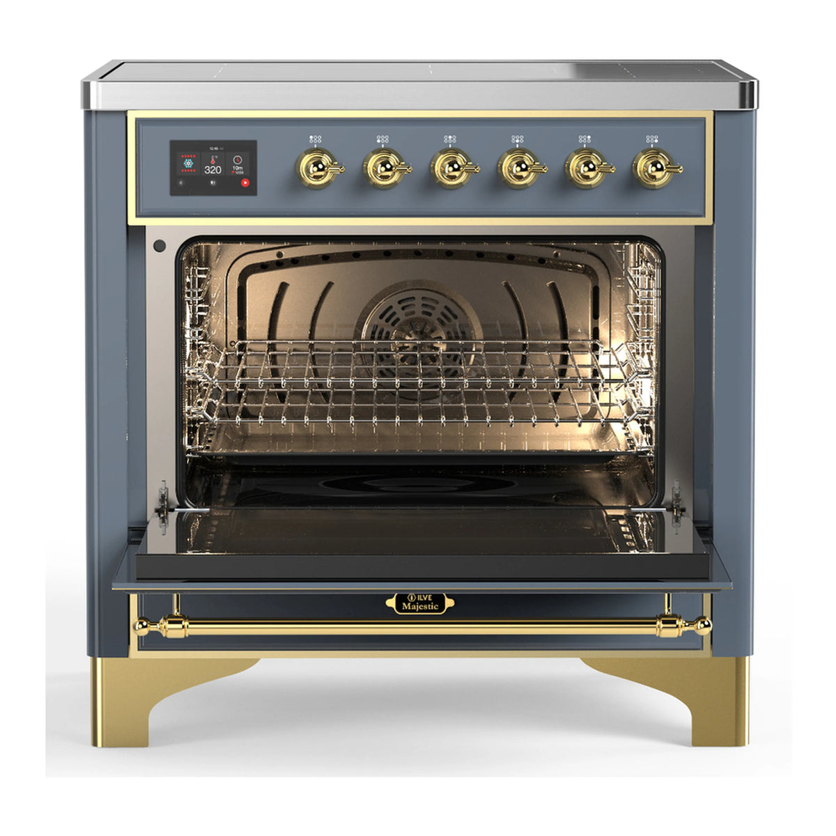 Blue grey induction range with open electric oven and wire rack interior