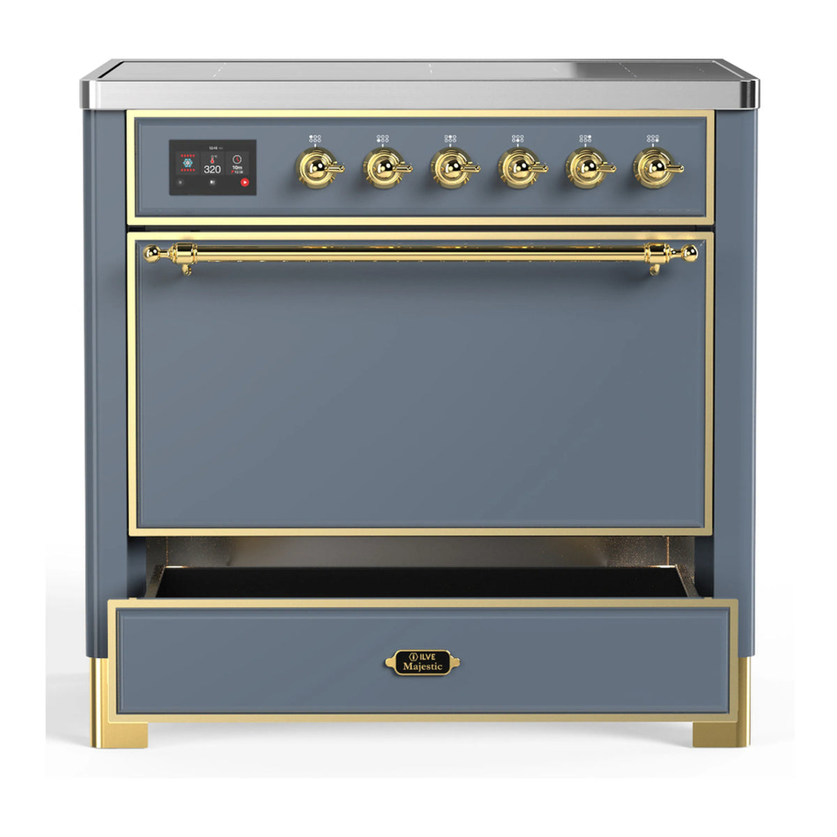 Blue grey induction range with brass-trimmed glass door and open storage drawer