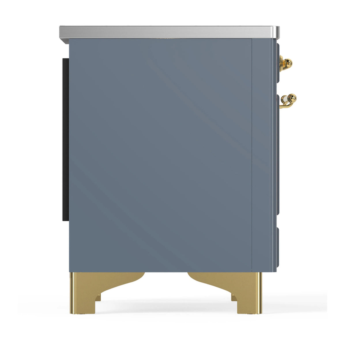 Blue grey side panel of induction range with brass handle hardware