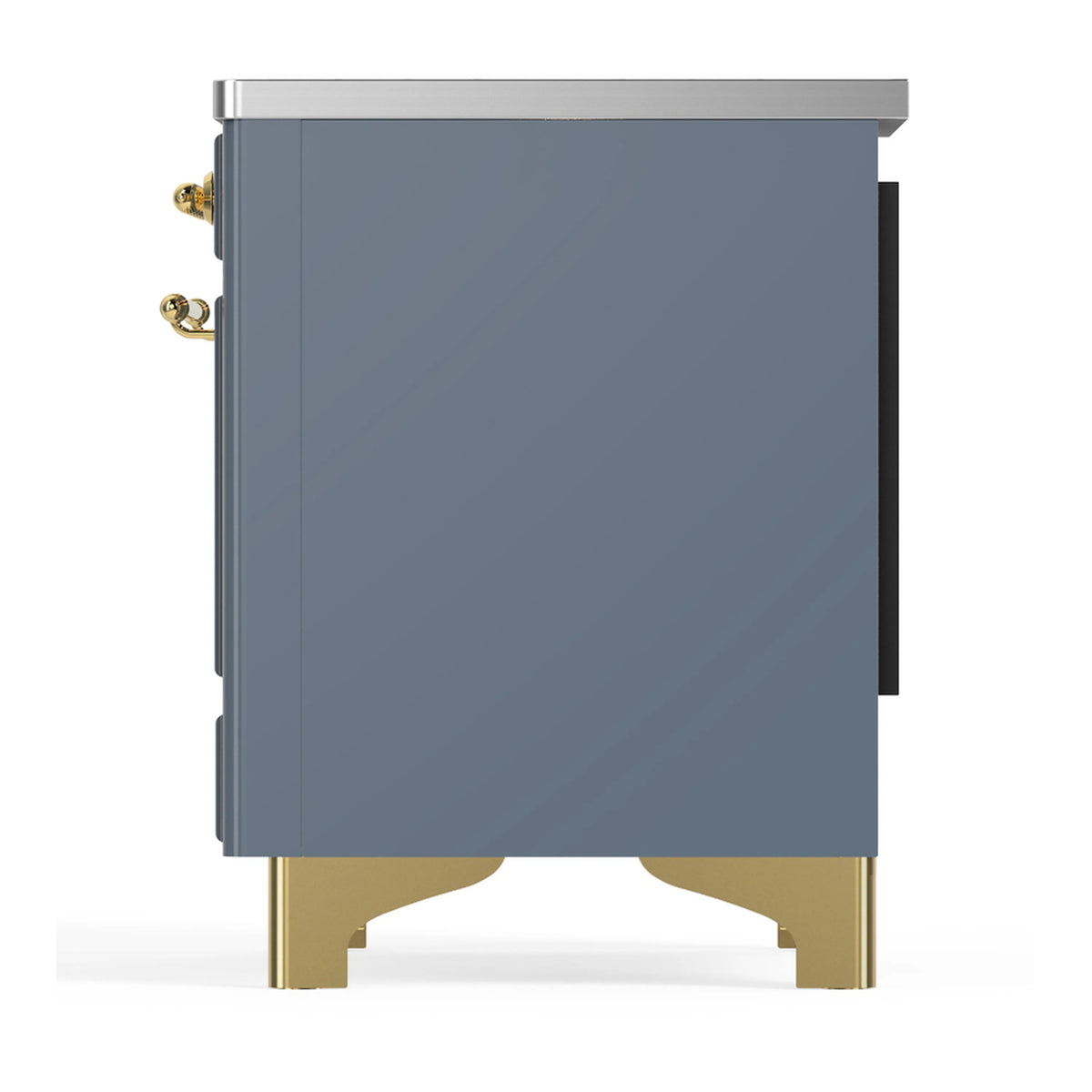 Blue grey side panel of induction range with brass trim and gold feet