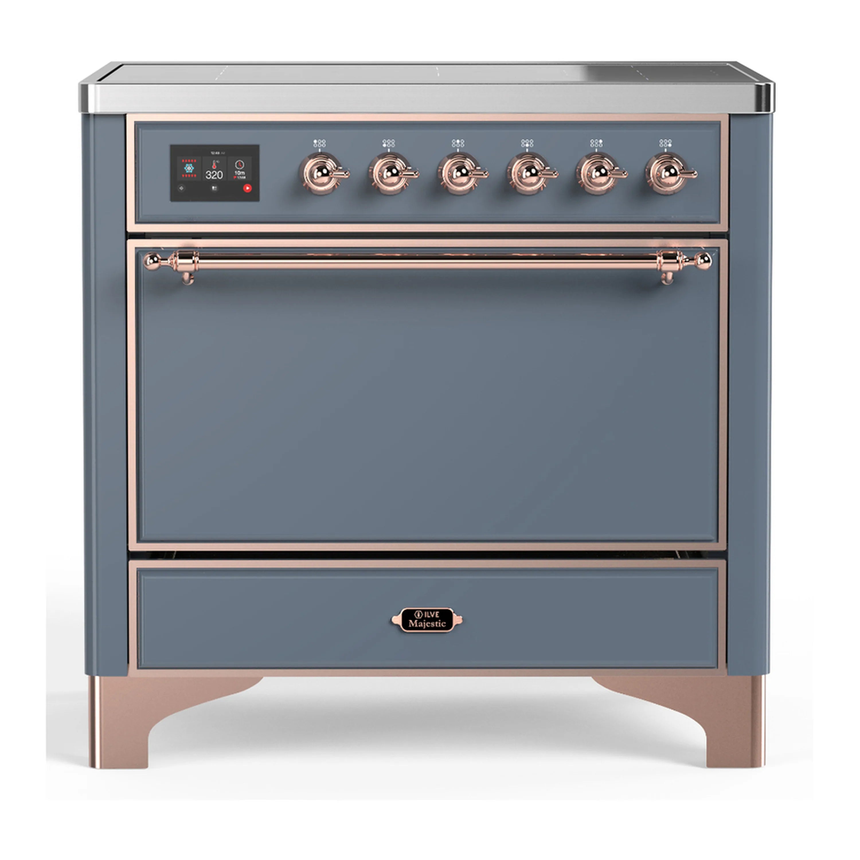Blue grey induction range with copper control knobs and solid oven door, 36-inch.