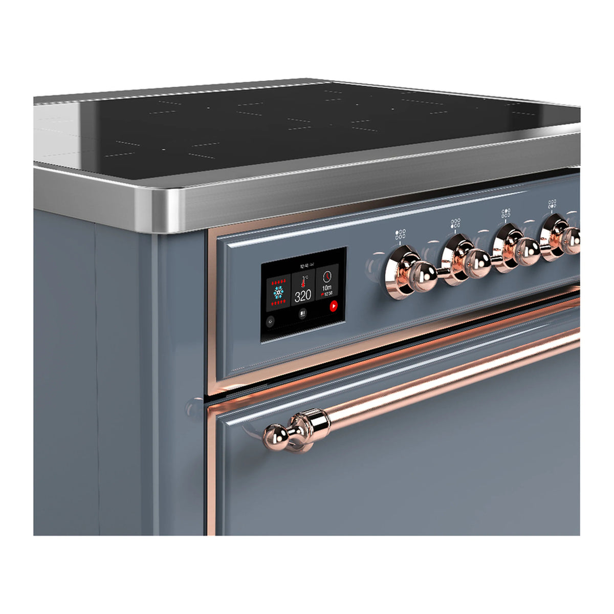 Blue grey induction range control panel with copper-trimmed knobs and illuminated display.