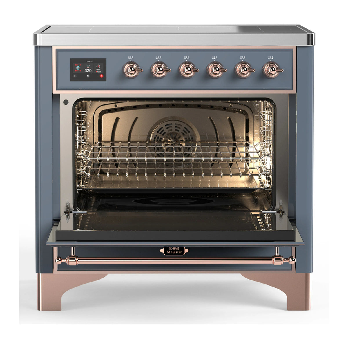 Blue grey induction range with open oven door and visible interior oven racks.