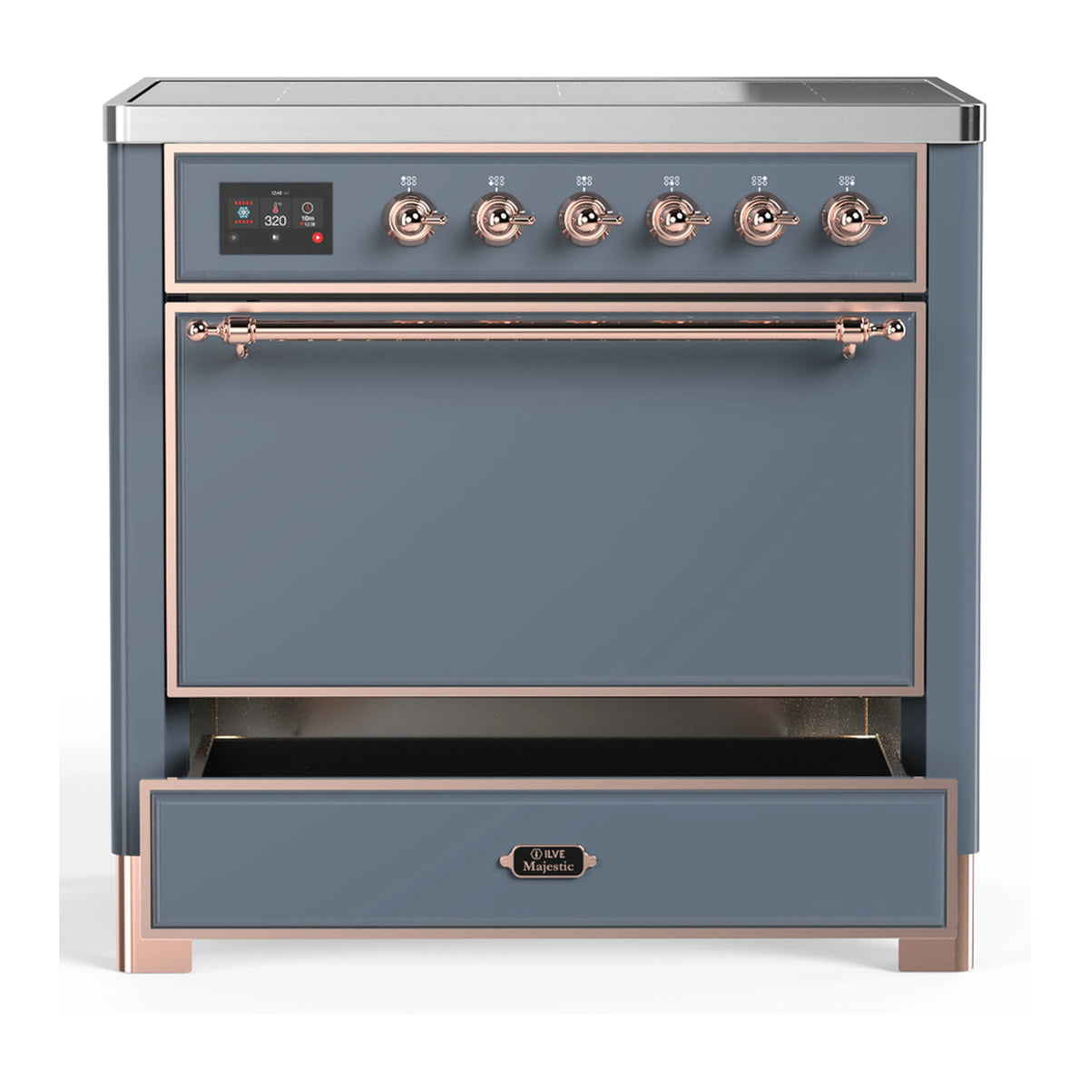 Blue grey induction range with copper-trimmed oven door and lower storage drawer.