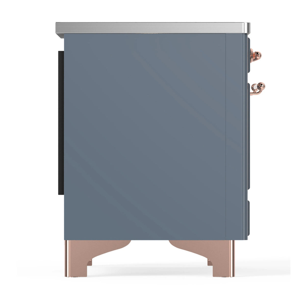 Blue grey induction range back panel with copper handle hardware and side edges.