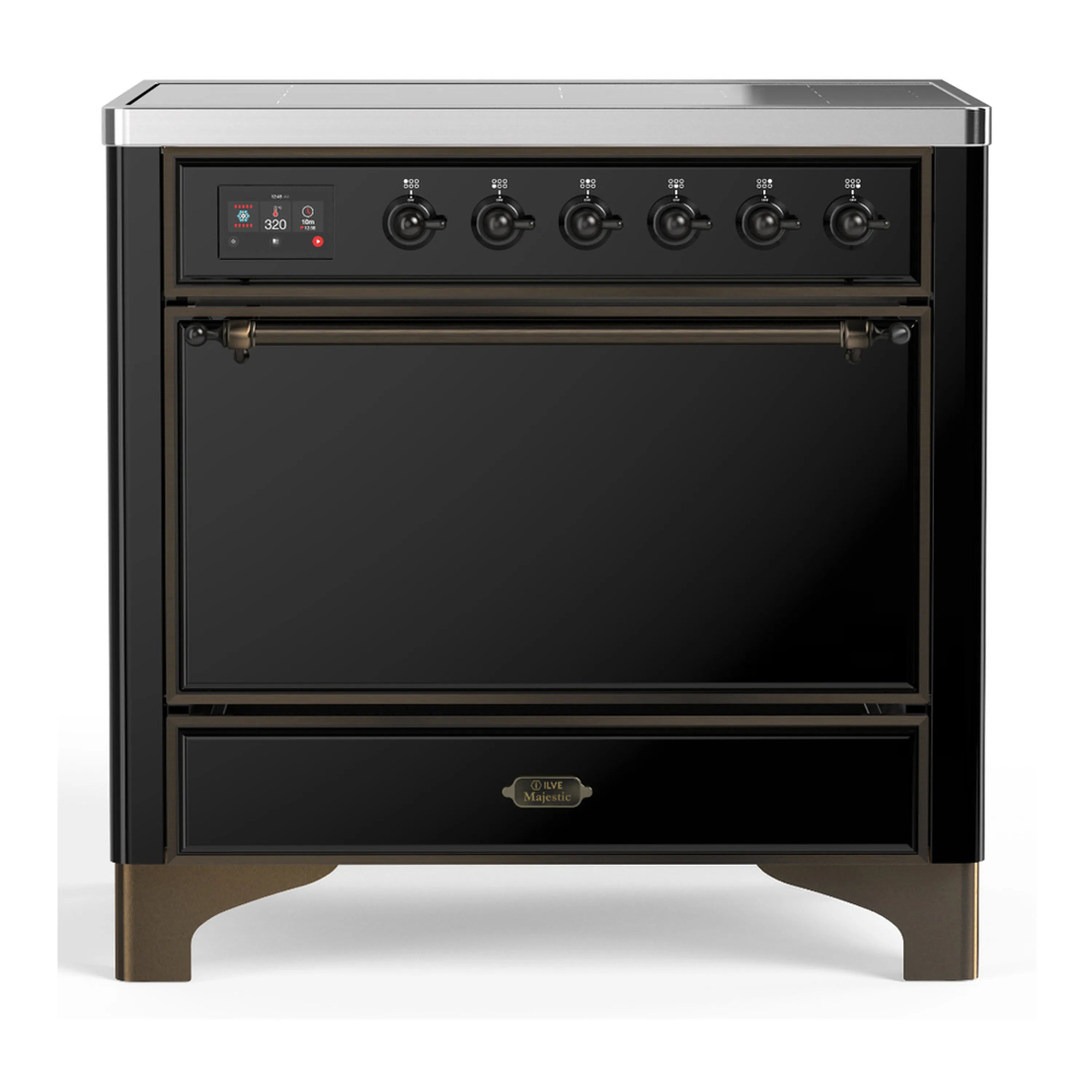Glossy black induction range with six burner controls and two-door solid electric oven