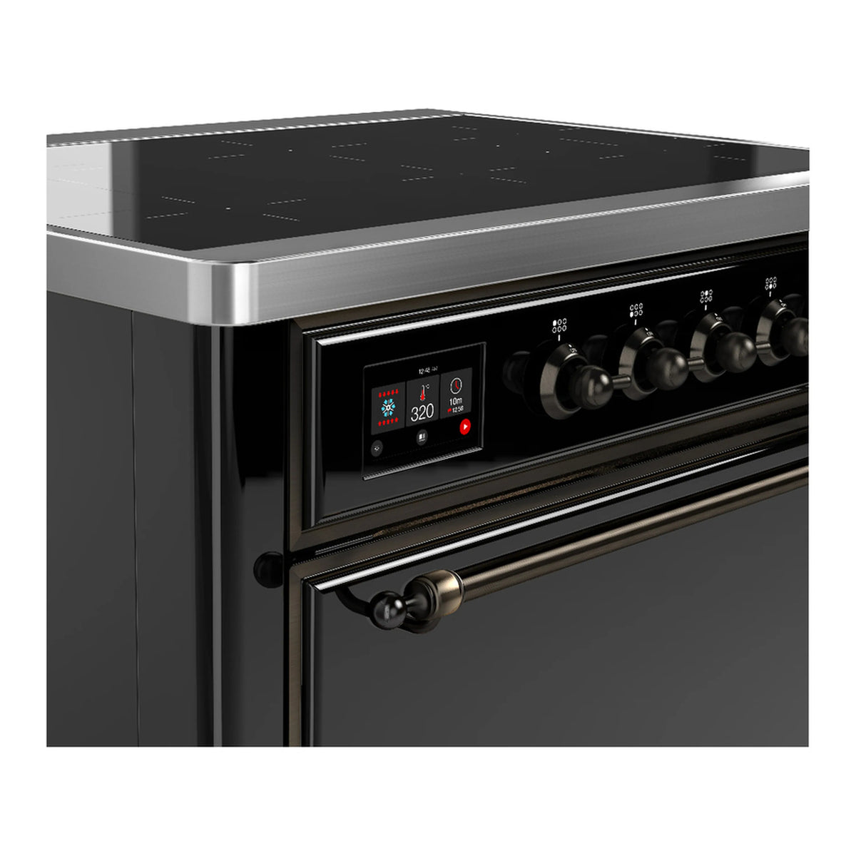 Glossy black induction range control panel with digital display and six knob burners