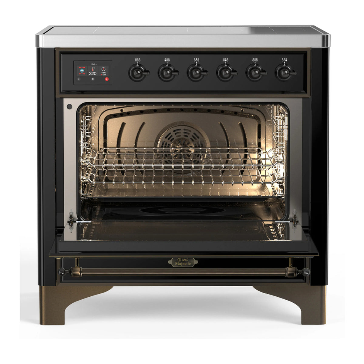 Glossy black electric oven door open showing interior racks and heated cooking cavity