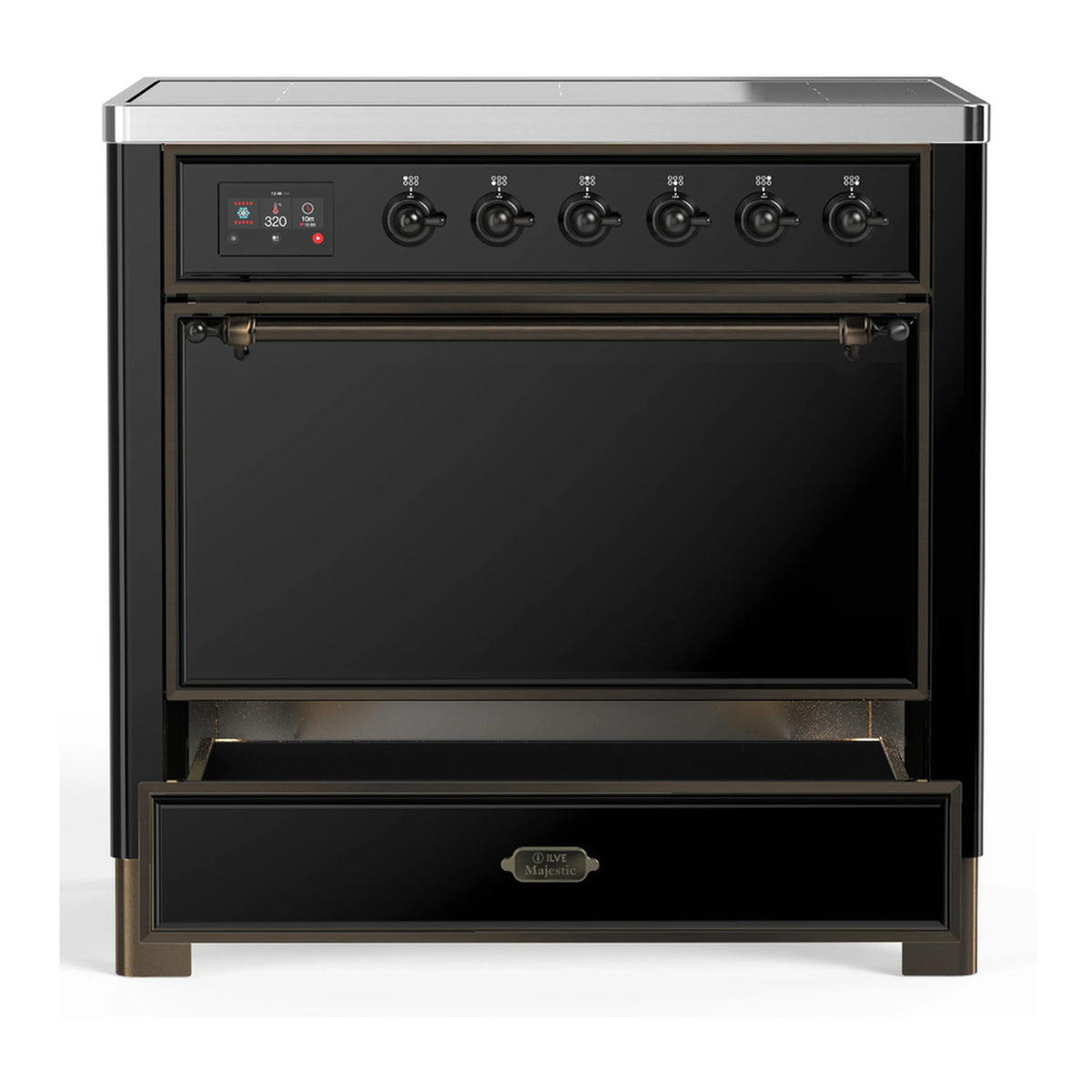 Glossy black induction range with closed oven door and top burner control panel