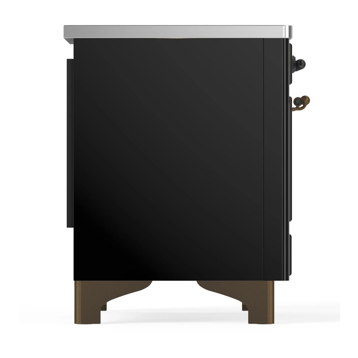Glossy black induction range side panel with trim and brass-toned handle detail