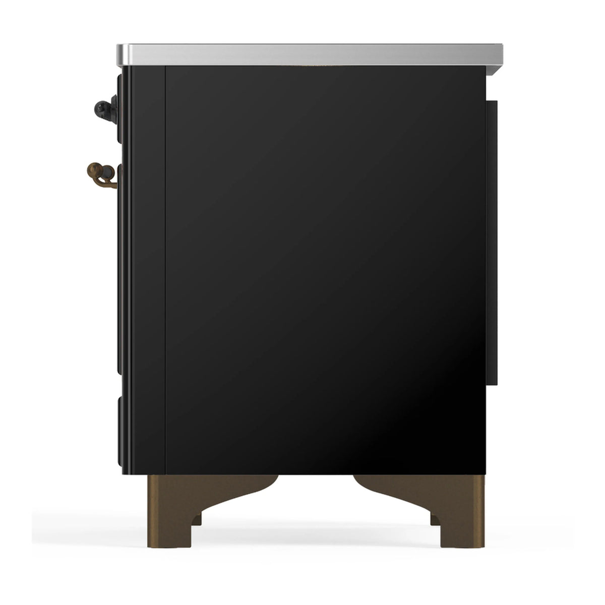 Glossy black induction range side panel with brass-toned handle and corner trim
