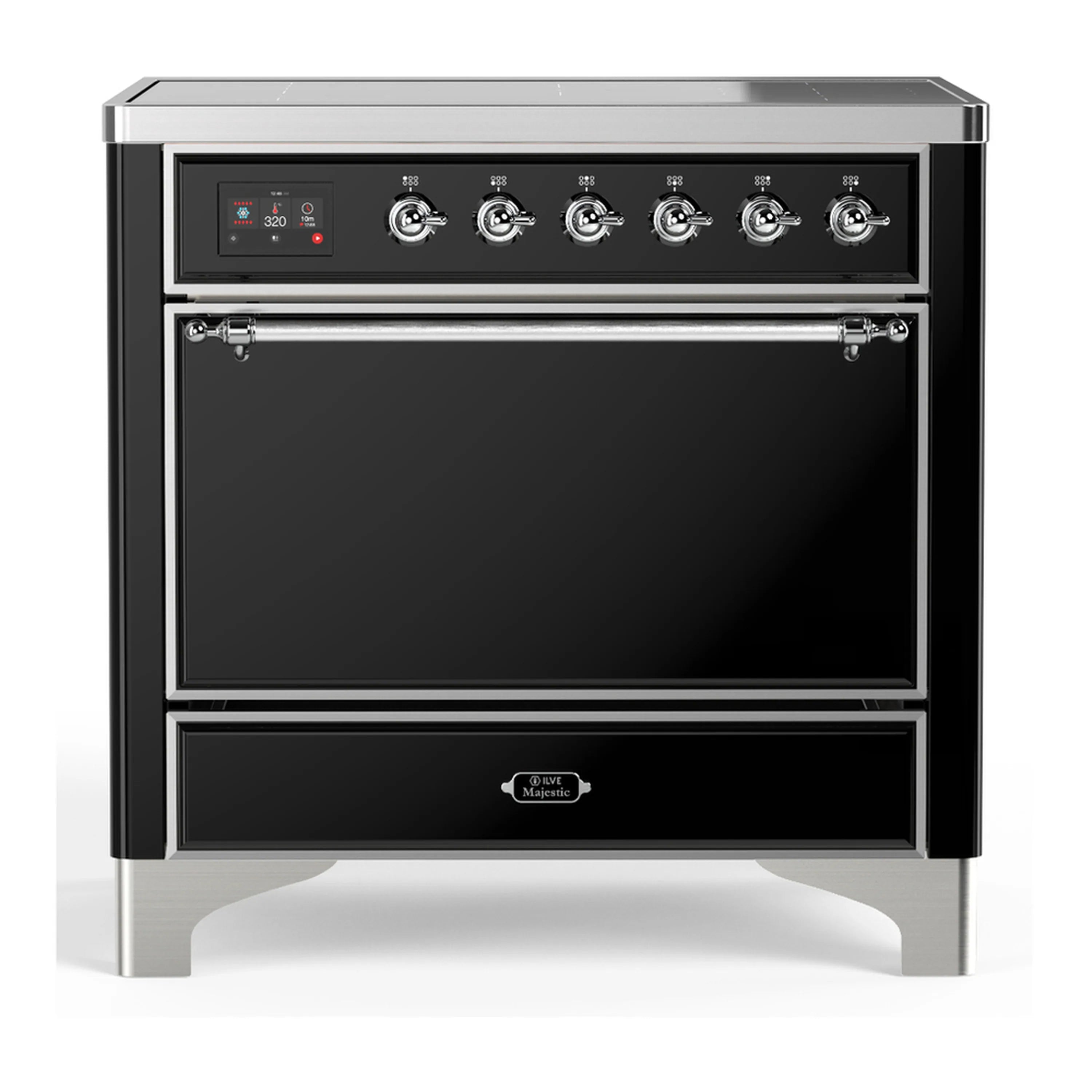 Glossy black induction range with chrome trim, control knobs, and closed oven door