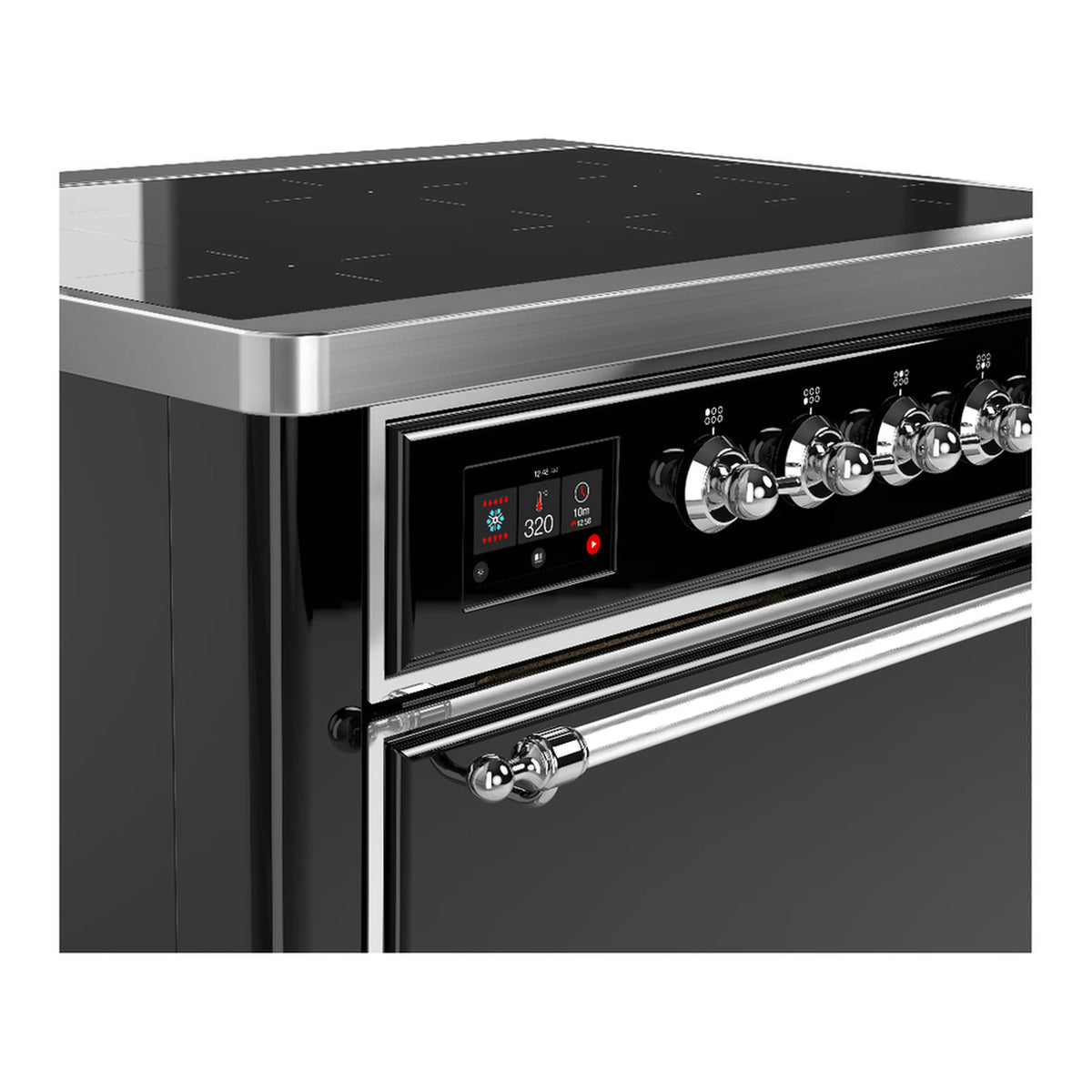 Glossy black induction range control panel with digital display and chrome knob handles