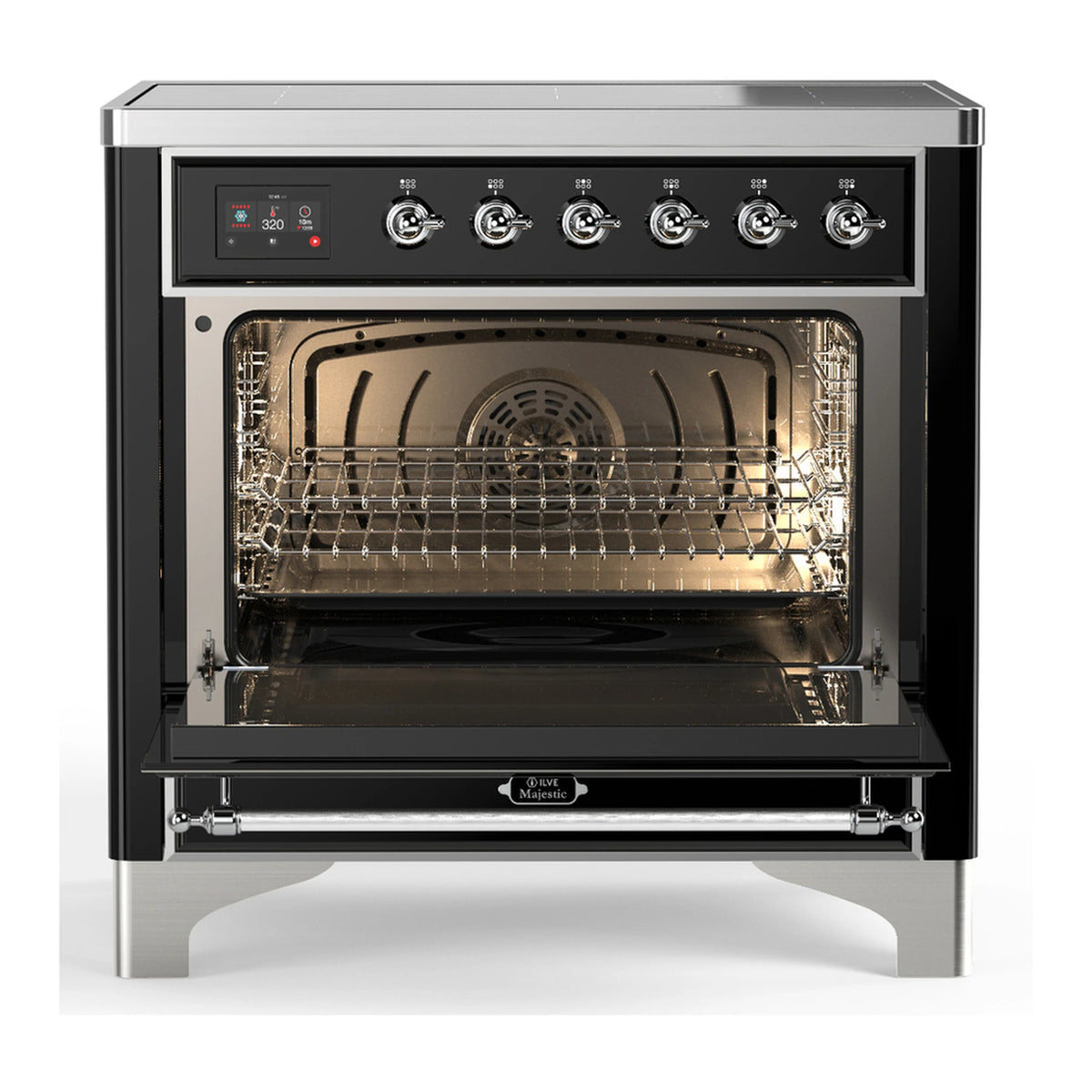 Glossy black induction range with open oven door, interior racks, and heating element
