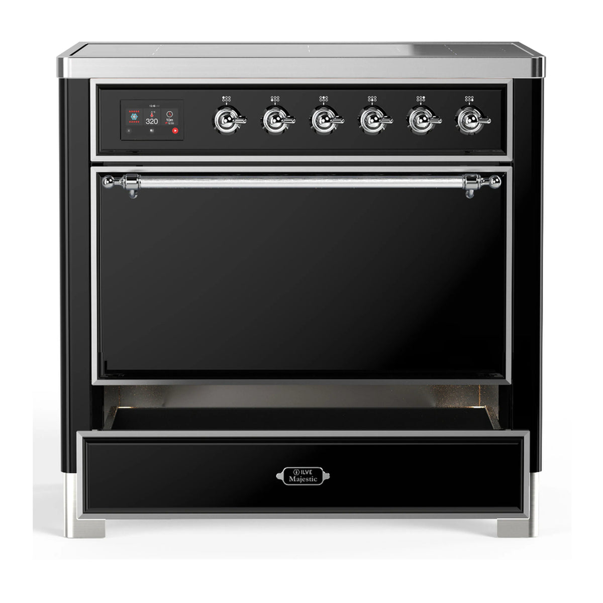 Glossy black induction range with chrome trim and control knobs above oven door