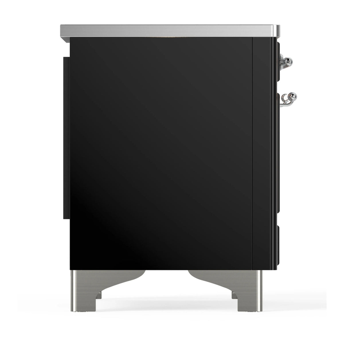 Glossy black induction range side view with chrome accents and rear handle