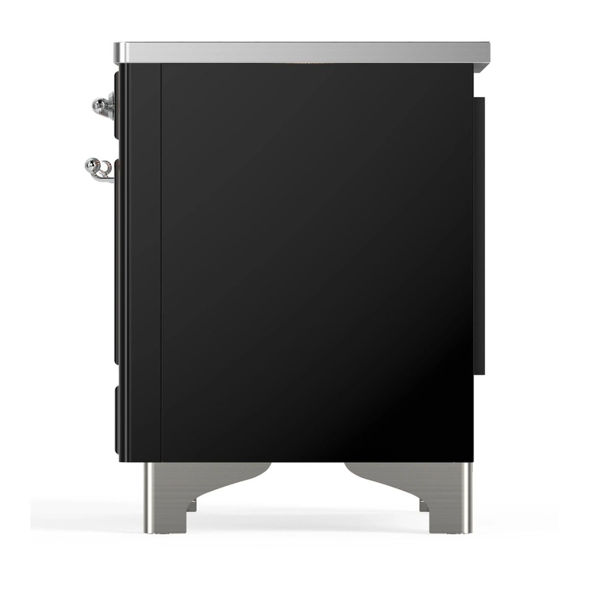 Glossy black induction range back/side view with chrome handle and metal legs