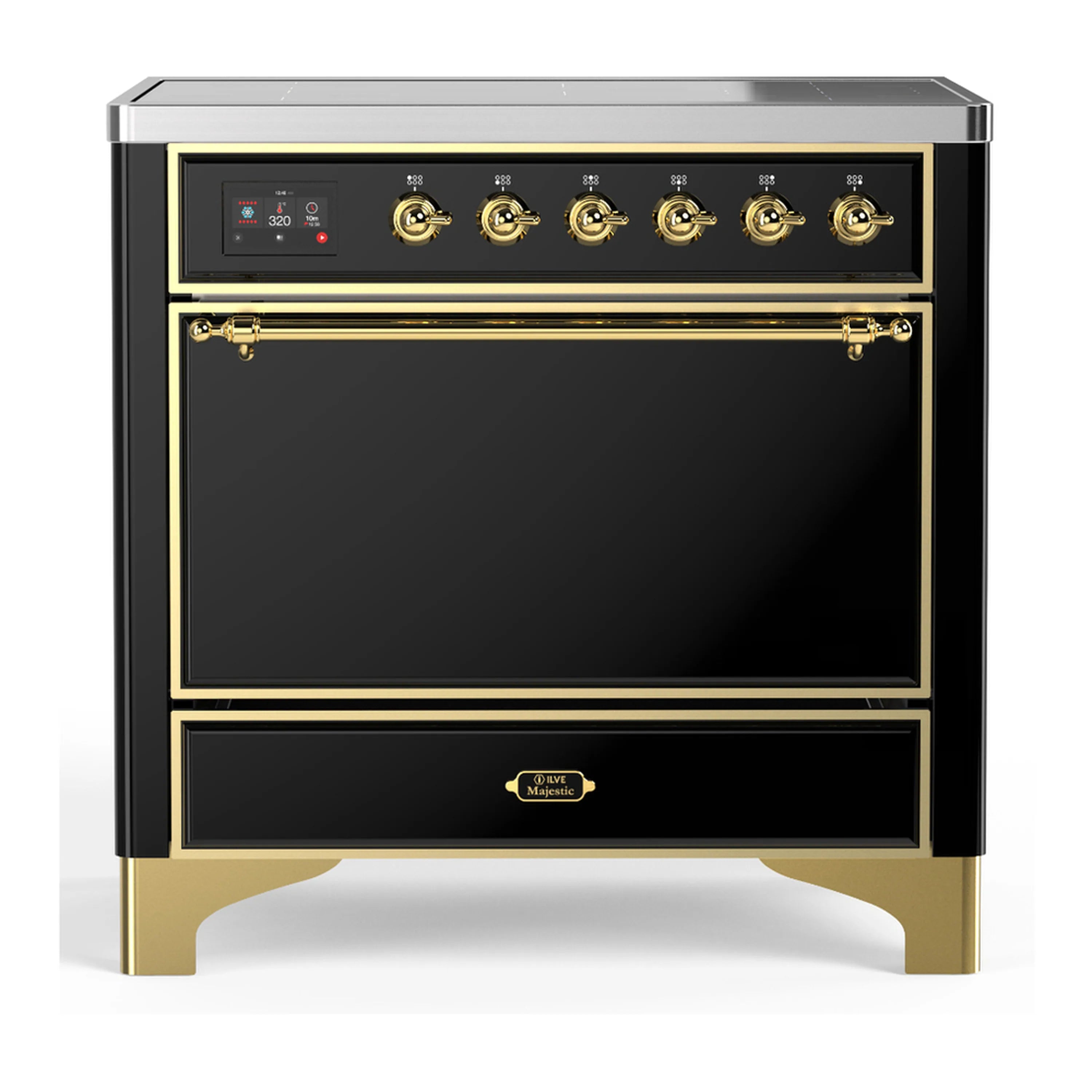 36-inch induction range with glossy black oven door and brass trim control panel.