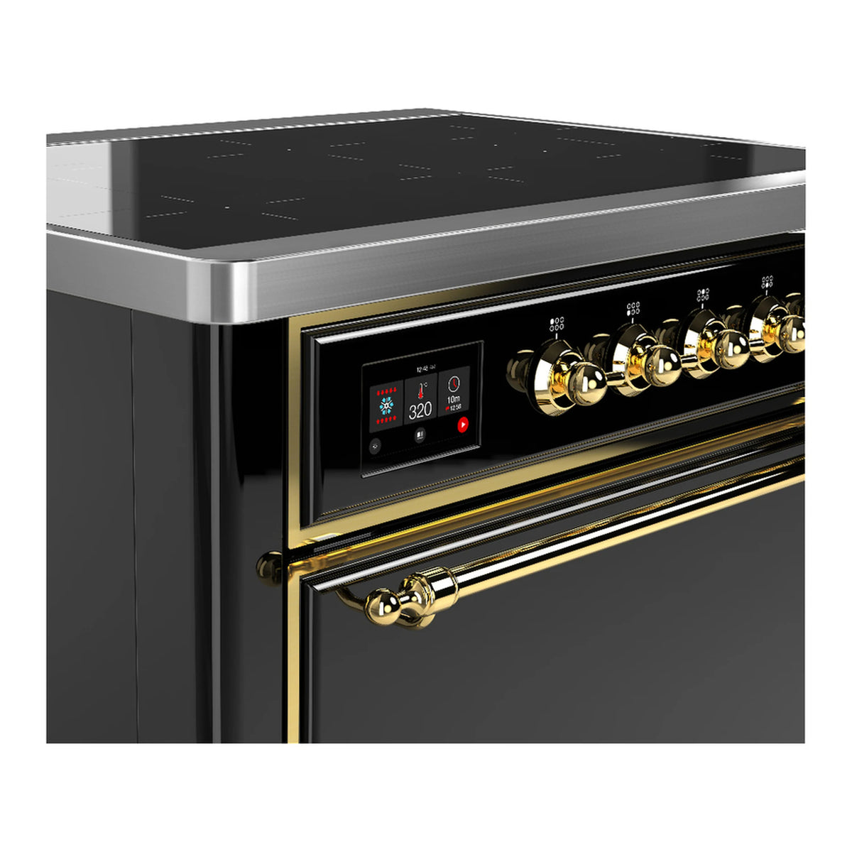 Induction range control panel with digital display and brass knobs on glossy black.