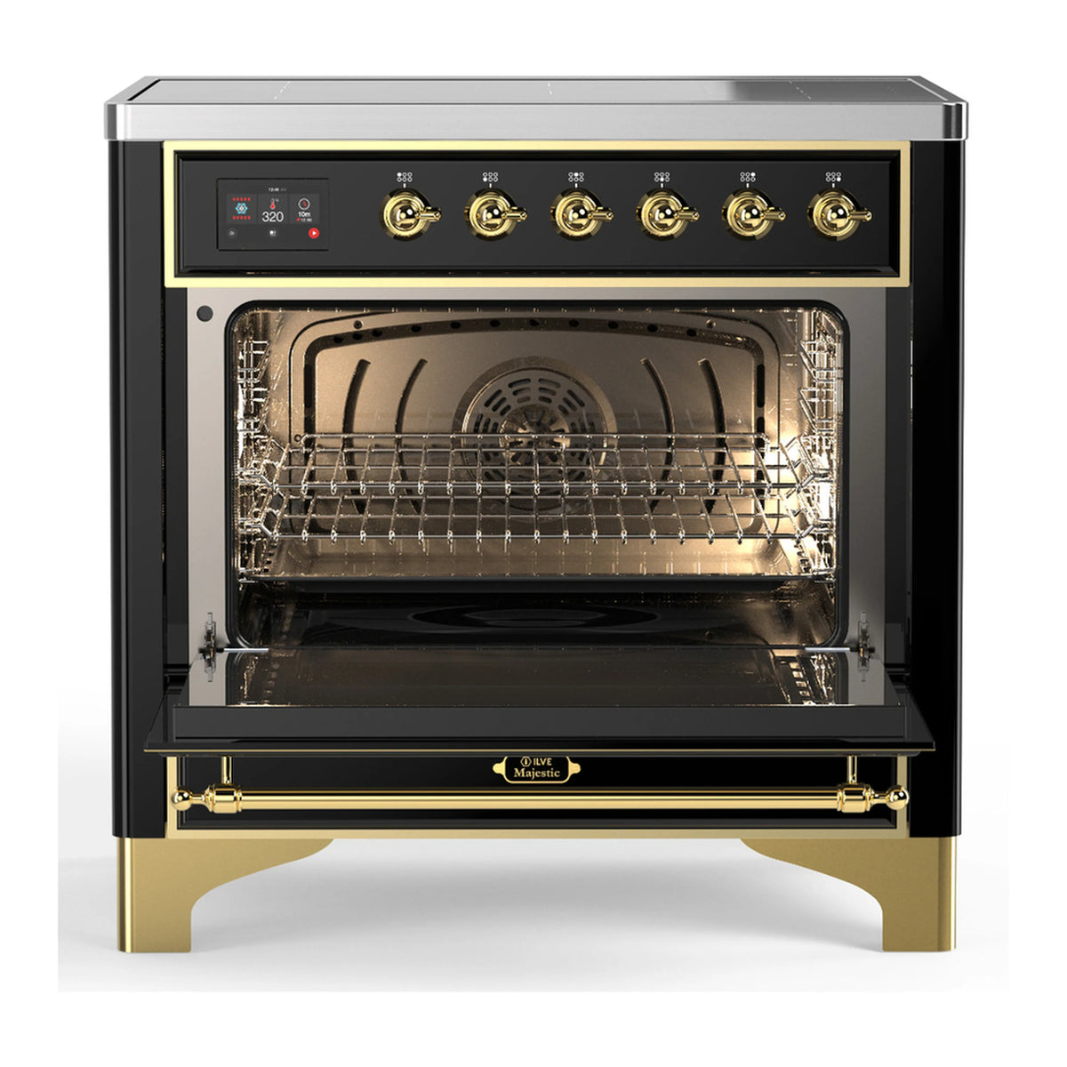 36-inch induction range with open electric oven, rack and brass handle trim.