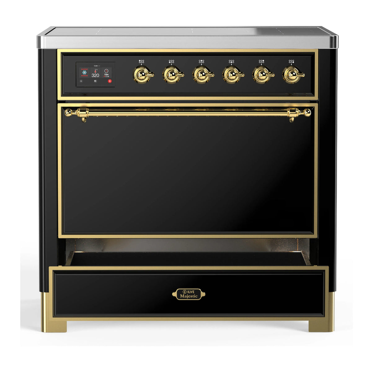 36-inch induction range with solid oven door, brass trim door frame and gold knobs.