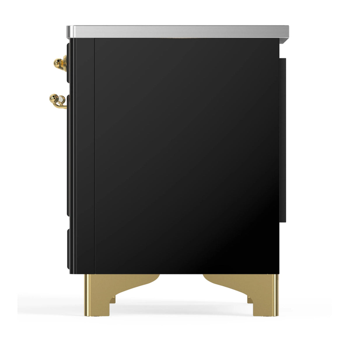 36-inch induction range rear side view in glossy black with brass accents and feet.