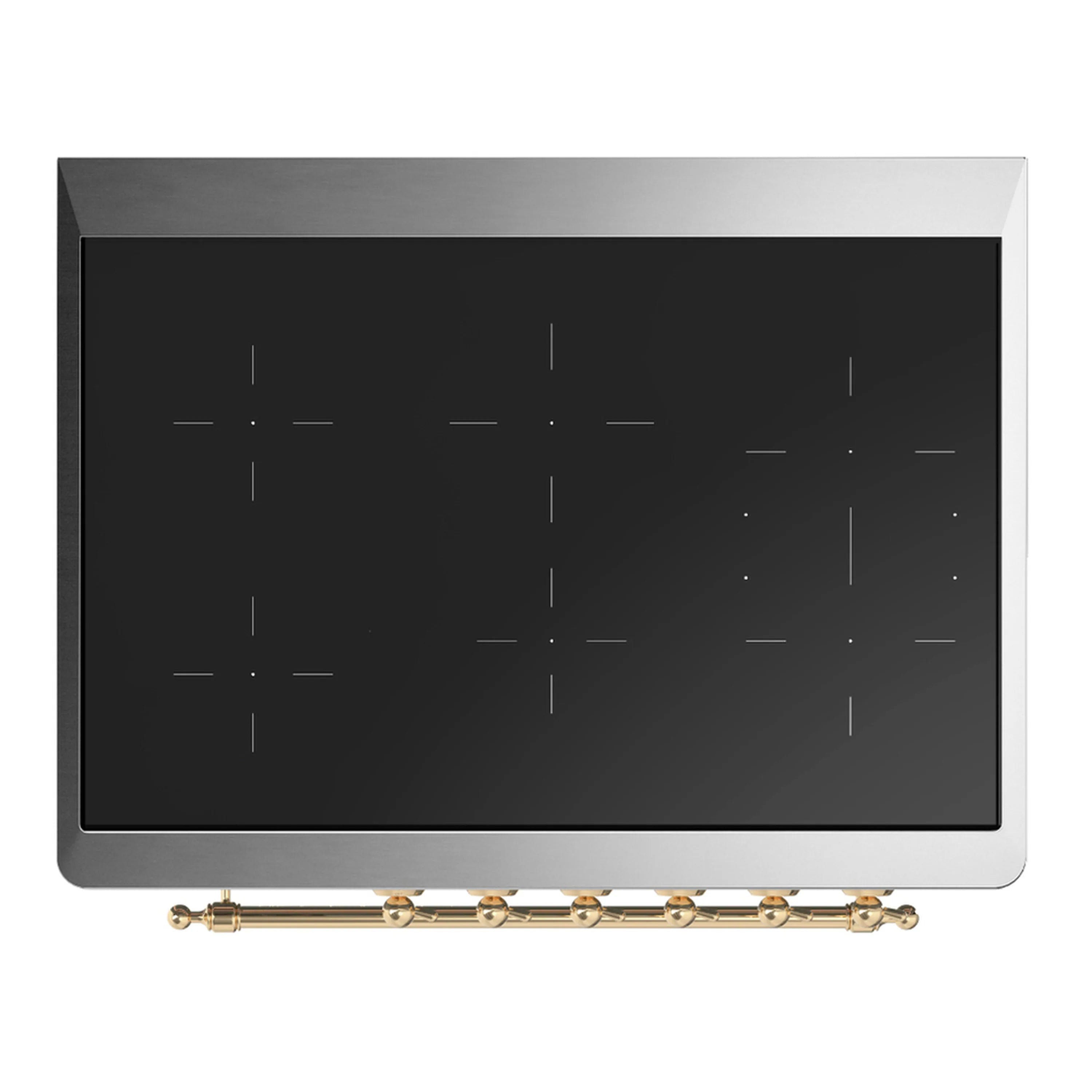 Induction range cooktop glass with dark surface and gold brass trim edge.
