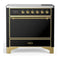 ILVE Majestic III 36-Inch Induction Range with 6 Induction Elements and Solid Door Electric Oven in Glossy Black with Brass Trim (UMIB36QNR3BKG)