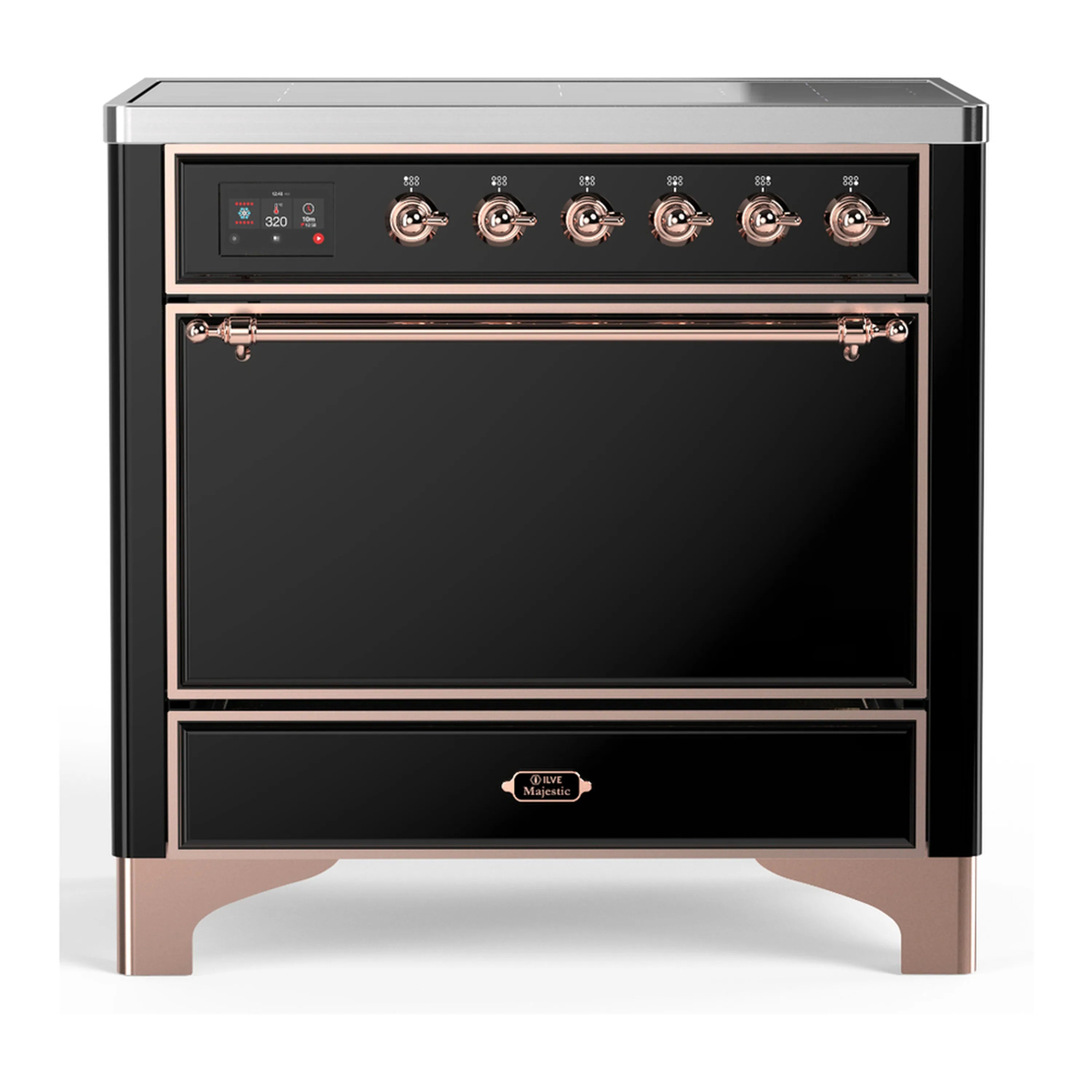 Black induction range with copper trim, six knob burners, and solid oven door