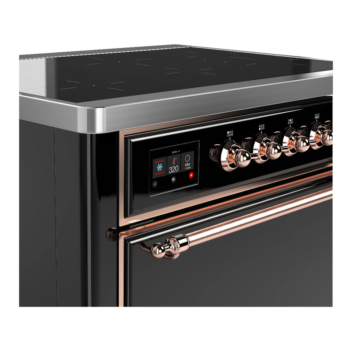 Black induction range control panel with copper-trimmed knobs and digital display
