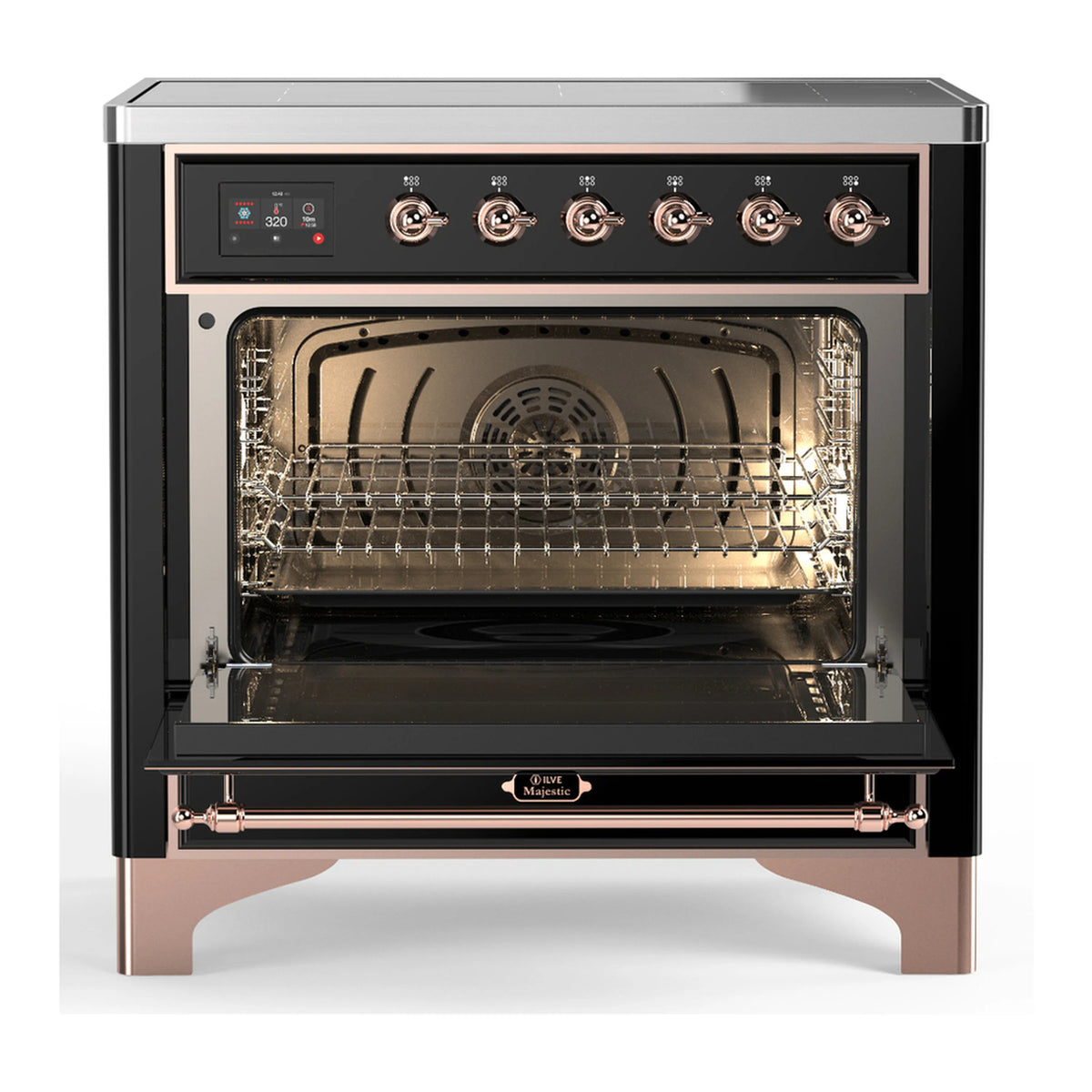 Black electric oven with open door, interior racks, and copper-trimmed handle