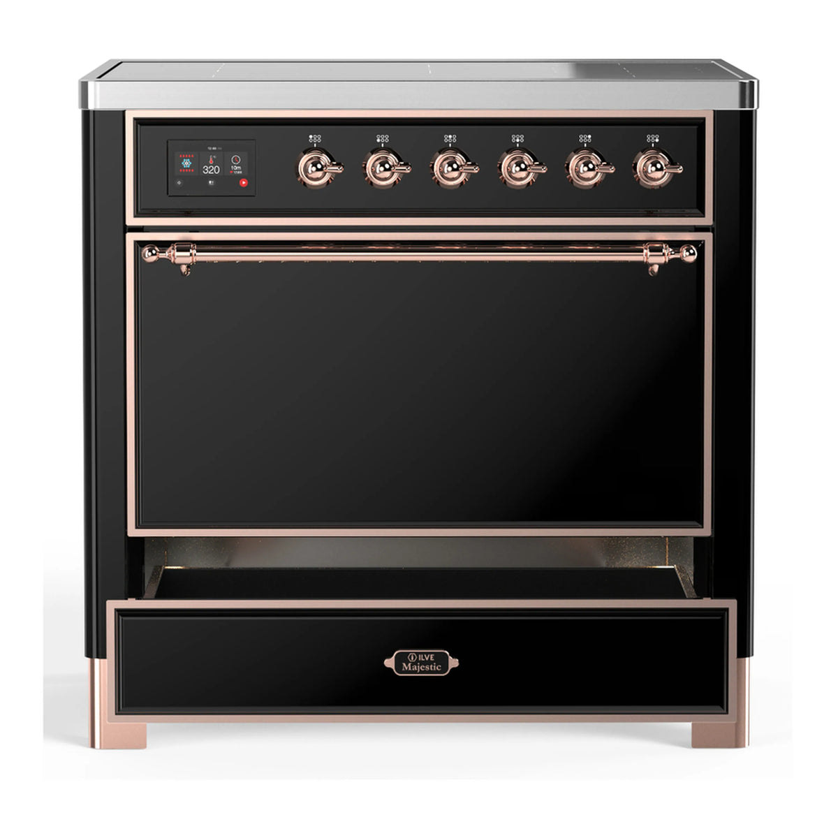 Black induction range with copper trim, knob cooktop, and closed solid oven door