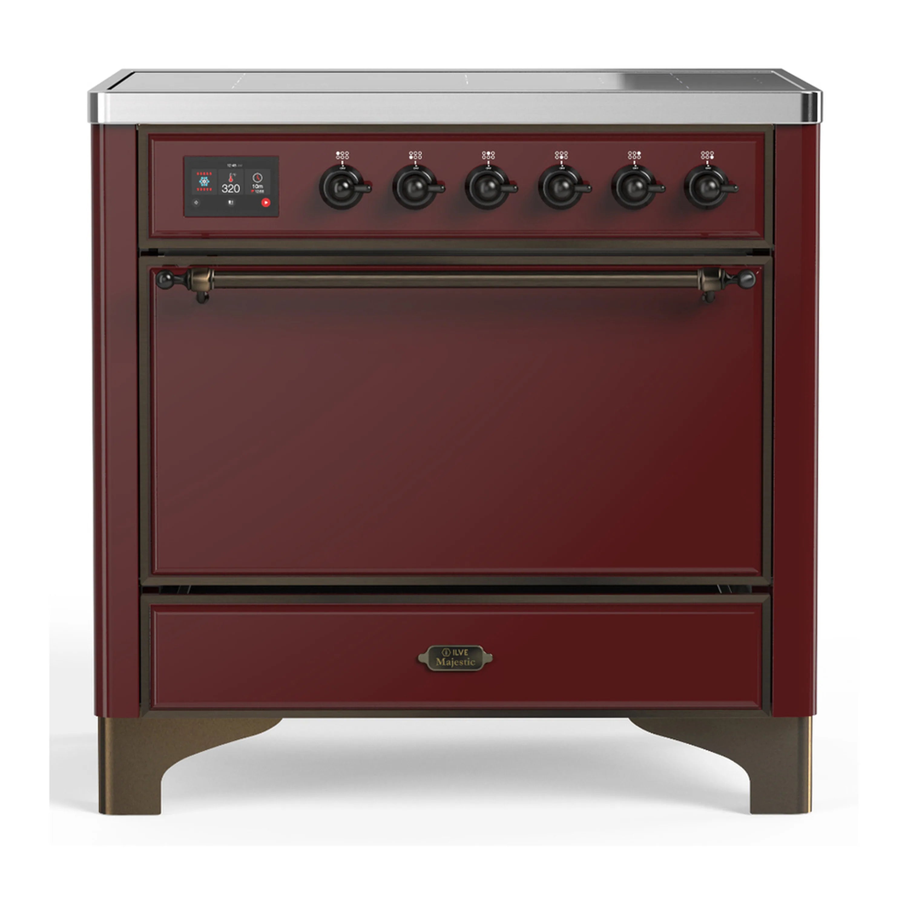 Burgundy induction range with 6 burner knobs and solid electric oven door