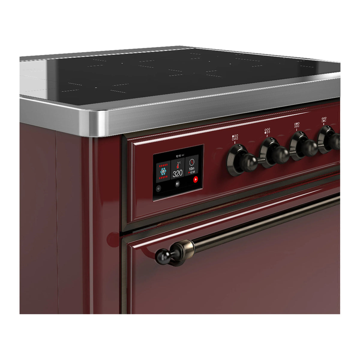 Burgundy induction cooktop control panel with digital display and burner knobs