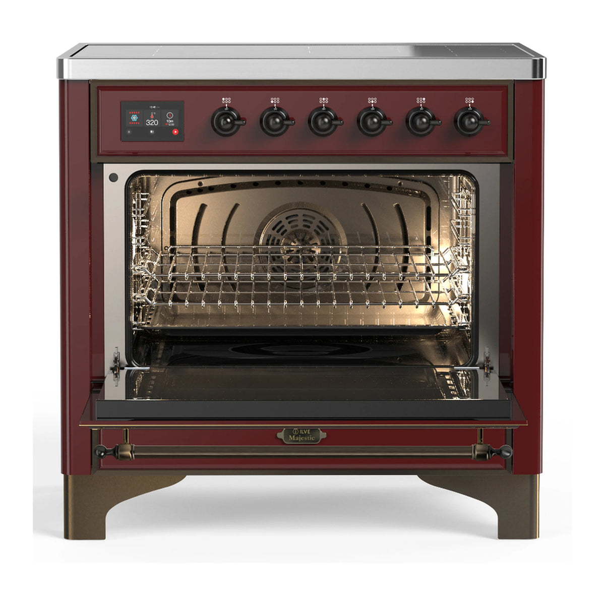 Burgundy electric oven with open door, wire racks, and visible interior heating elements