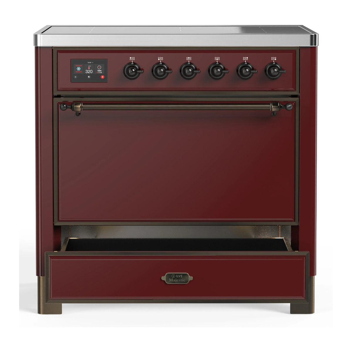 Burgundy induction range front with oven door and pull-out storage drawer