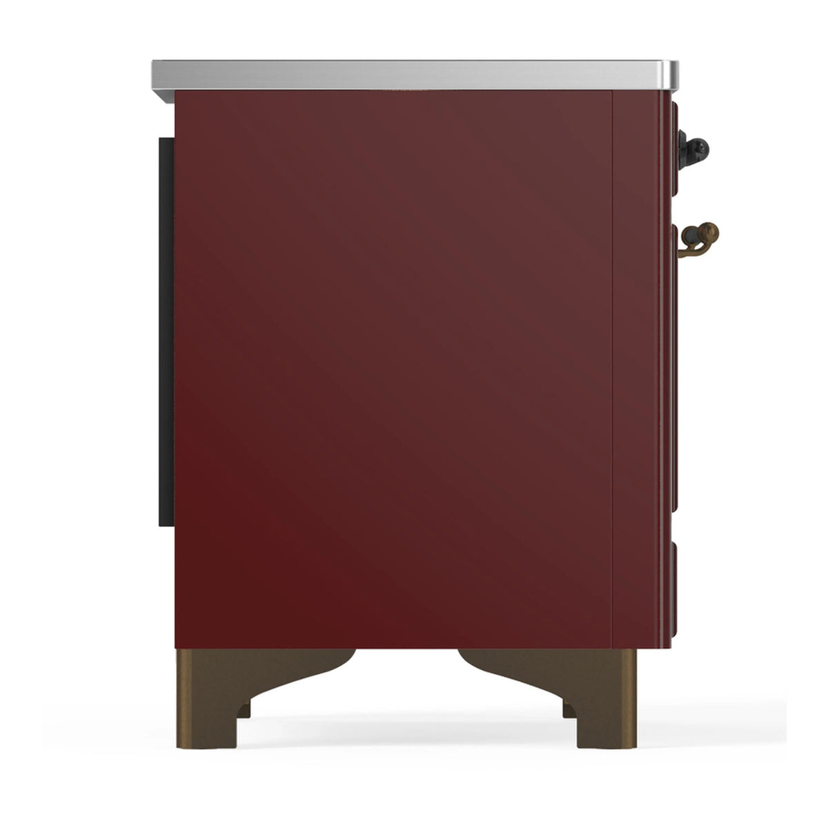 Burgundy induction range side panel with burnished trim and gold-toned legs