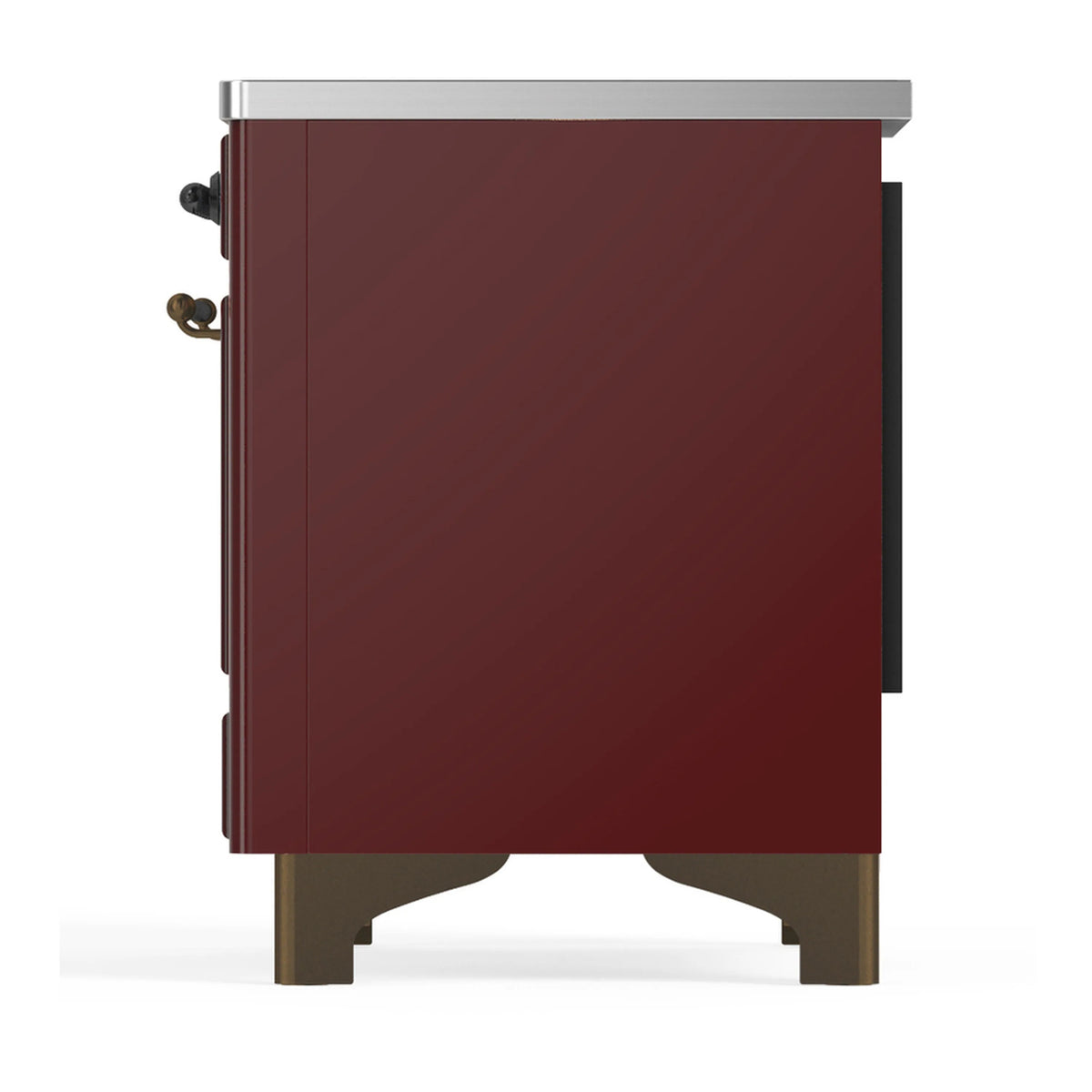 Burgundy induction range side panel with handles and burnished trim