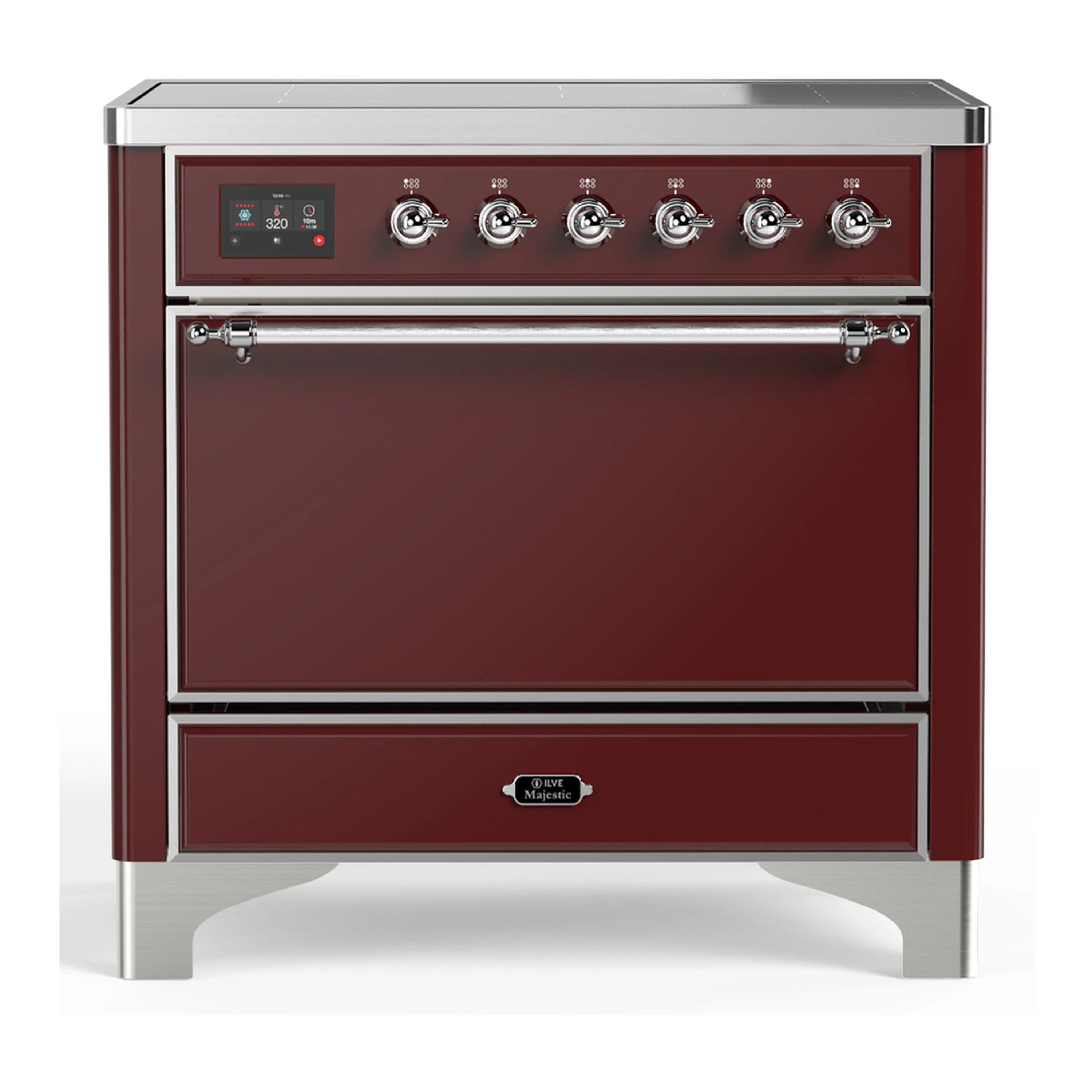 Burgundy induction range with chrome trim, control panel and solid oven door