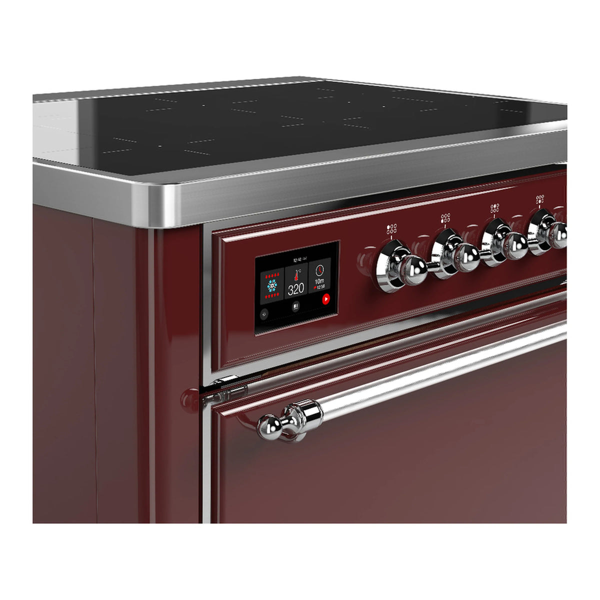 Burgundy induction range control panel with digital display and chrome burner knobs