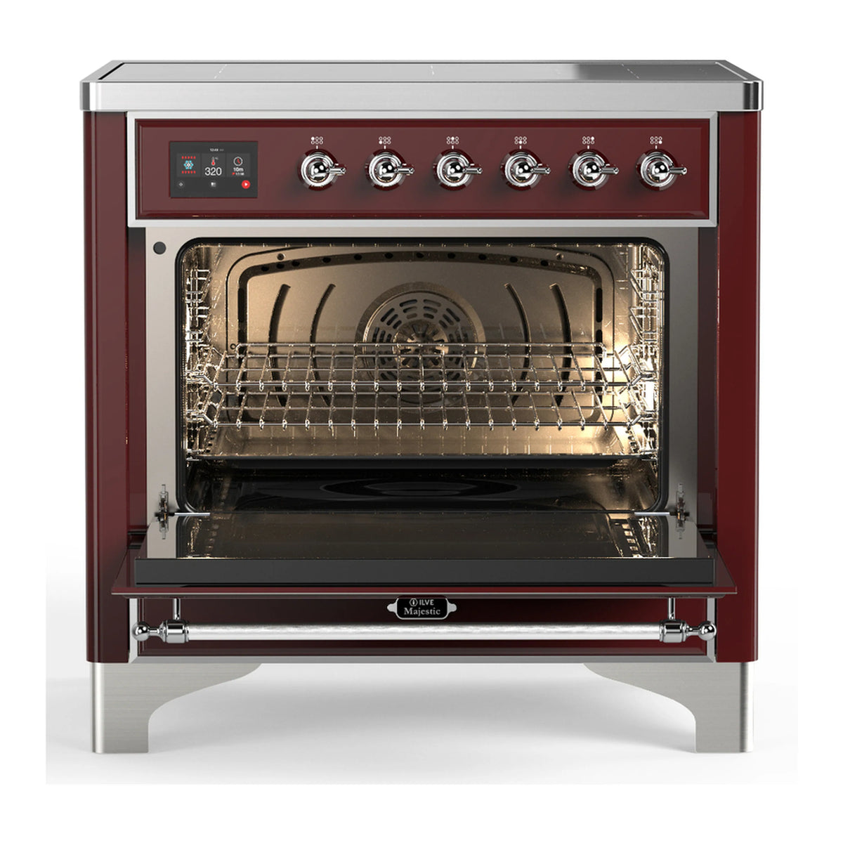 Burgundy induction range oven open with wire rack and lit interior